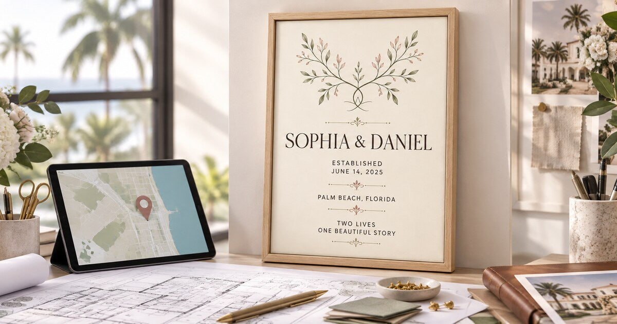 Editorial lifestyle scene for How to Find the Coordinates of Your Wedding Venue featuring a personalized vertical framed canvas
