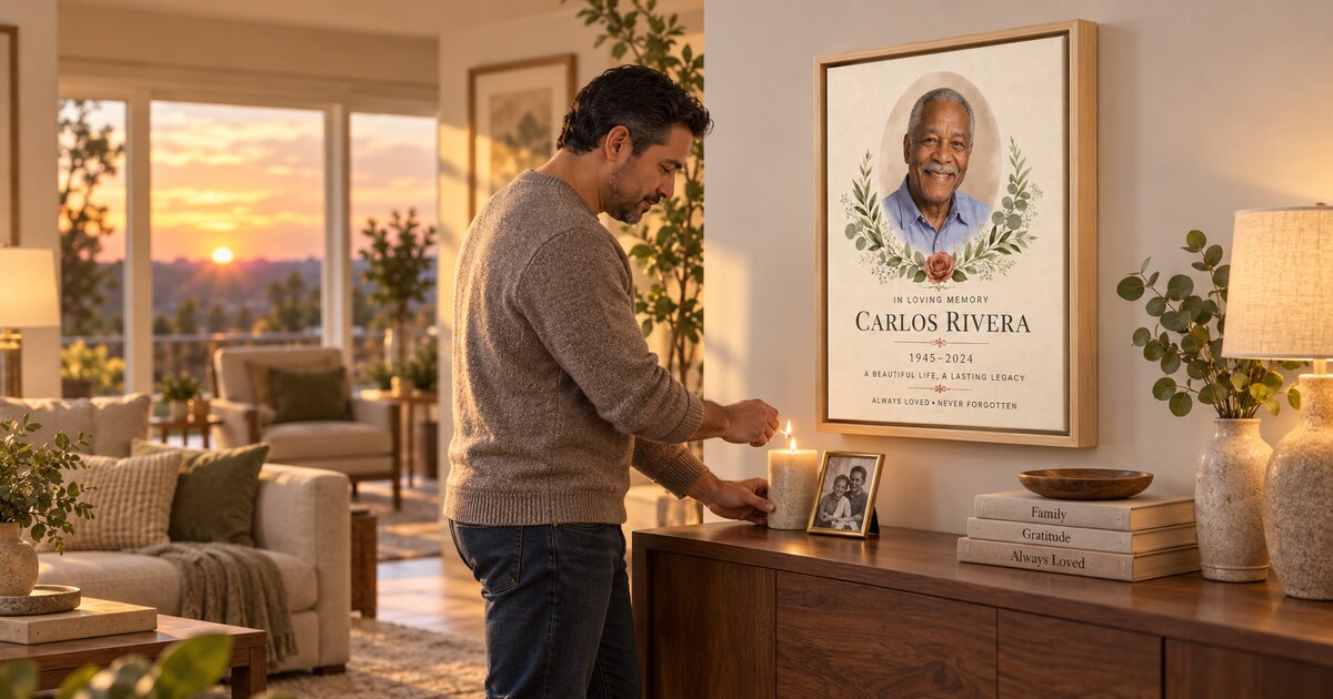 Man lighting a candle beside a personalized memorial canvas on an anniversary of loss