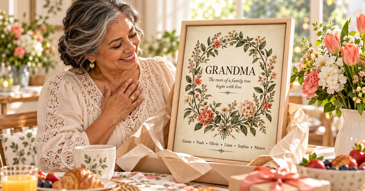 Grandmother opening a vertical personalized botanical canvas for Mother's Day