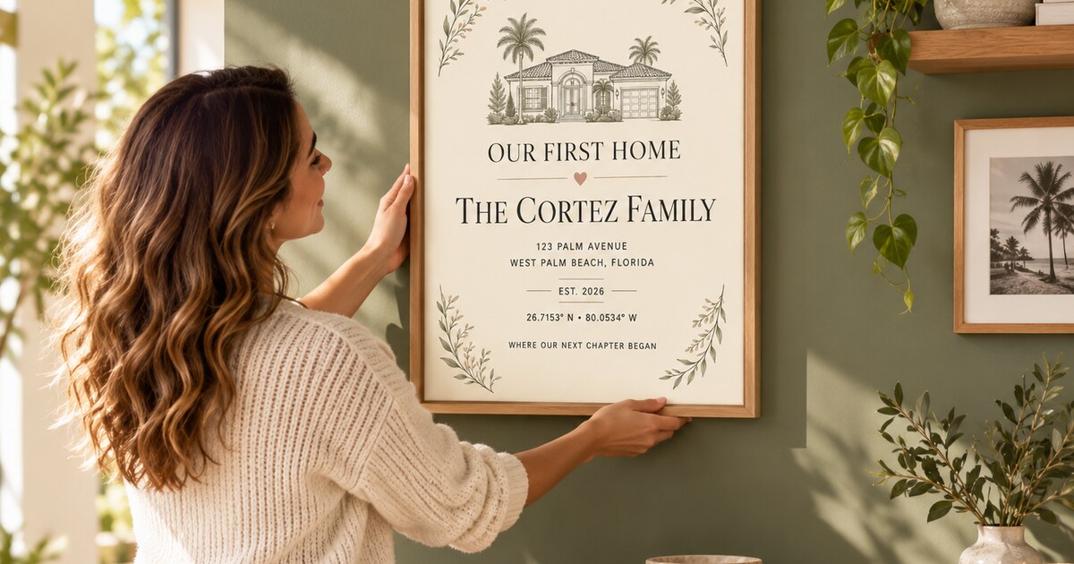 Editorial lifestyle scene for Personalized Address Gifts for New Homeowners featuring a personalized vertical framed canvas