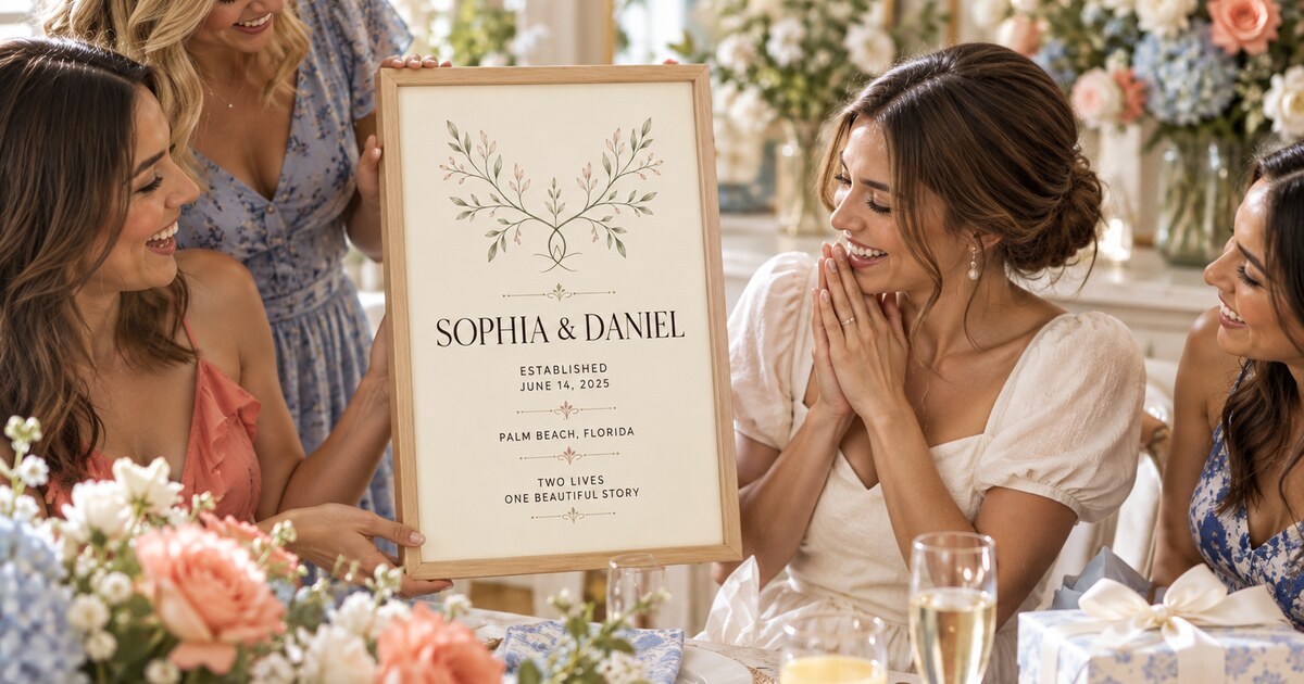 Editorial lifestyle scene for Personalized Bridal Shower Gift Ideas featuring a personalized vertical framed canvas