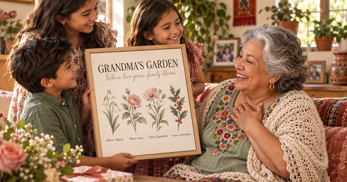 Latina Abuela receiving a vertical personalized flower canvas from grandchildren