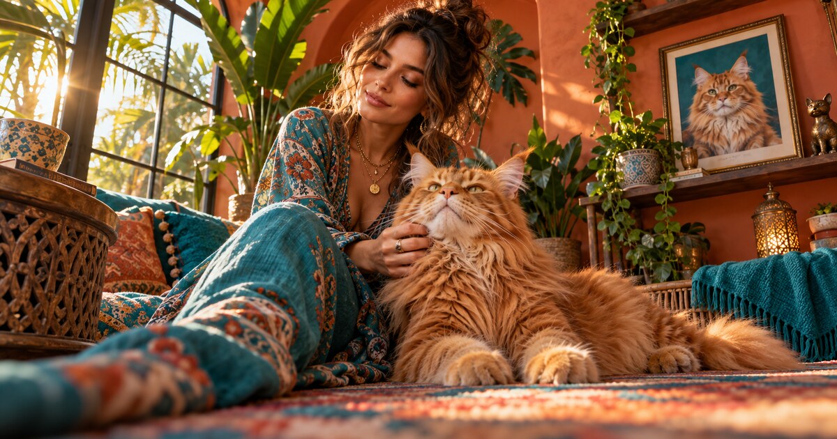 Cat mom with an orange Maine Coon and personalized cat portrait in a colorful bohemian sunroom
