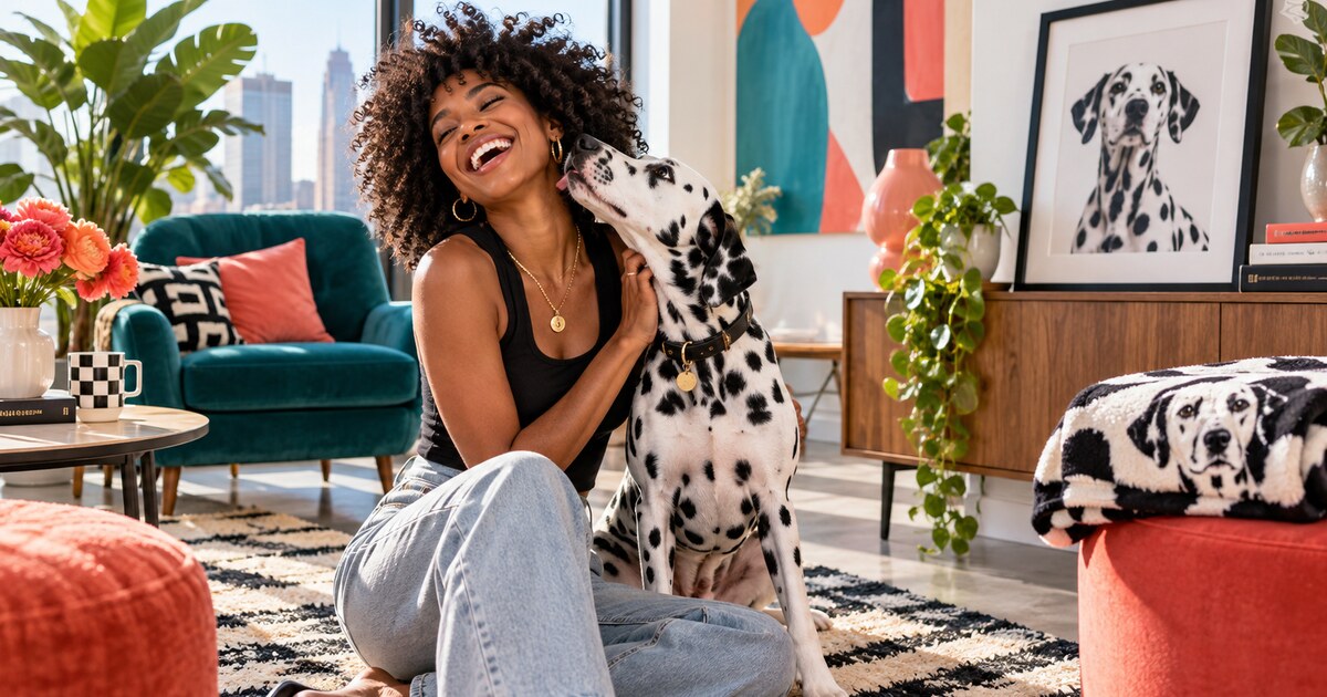 Dog mom with a Dalmatian, personalized pet portrait canvas and photo blanket in a colorful modern apartment