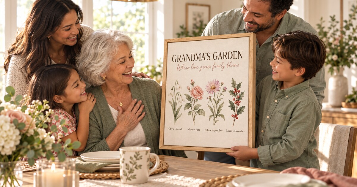 Grandchildren presenting Grandma with a vertical personalized flower canvas