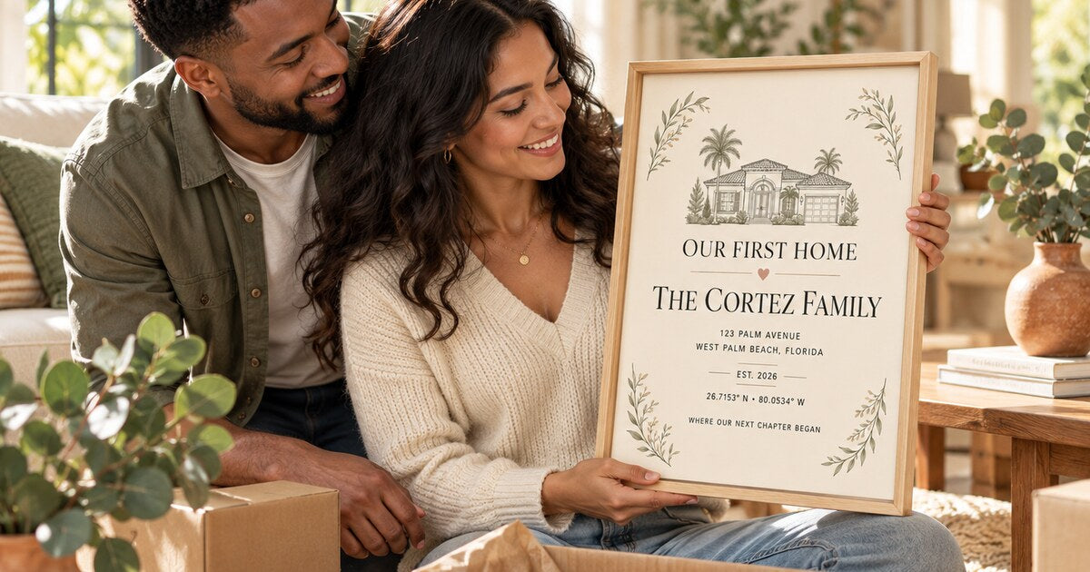 Editorial lifestyle scene for Best Personalized Housewarming Gifts for Couples featuring a personalized vertical framed canvas
