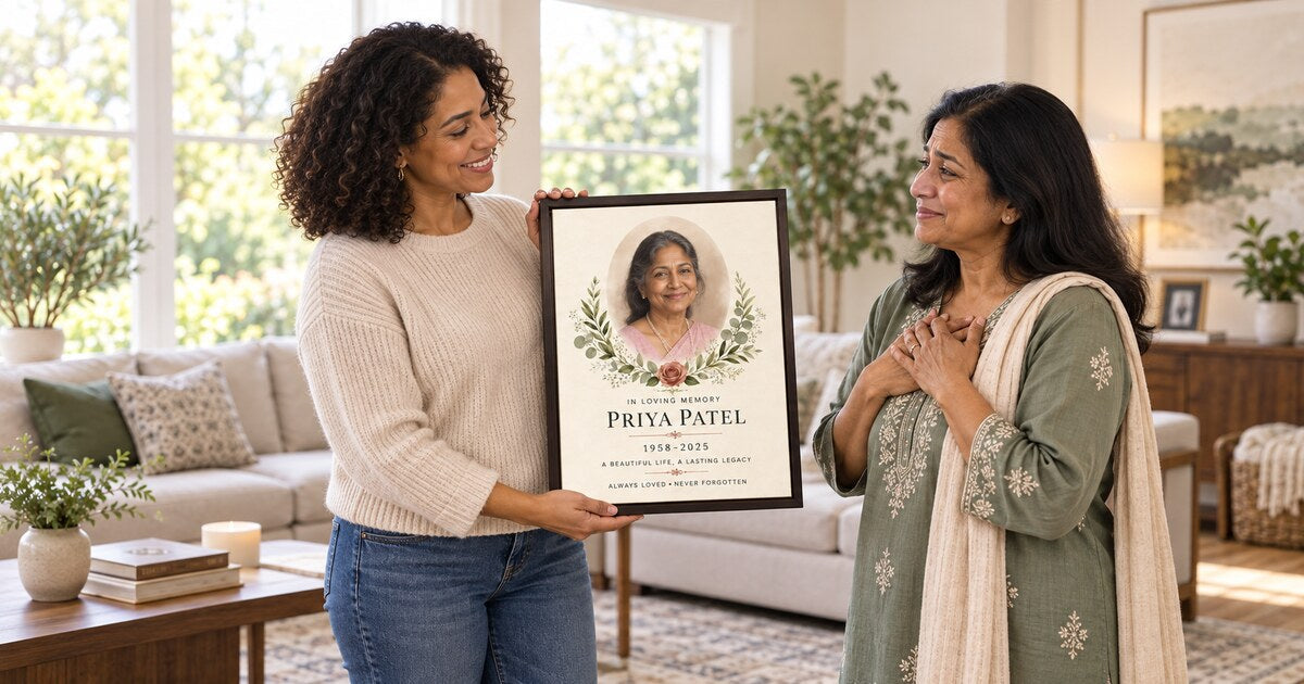 Personalized memorial photo canvas honoring Priya Patel presented as a thoughtful gift