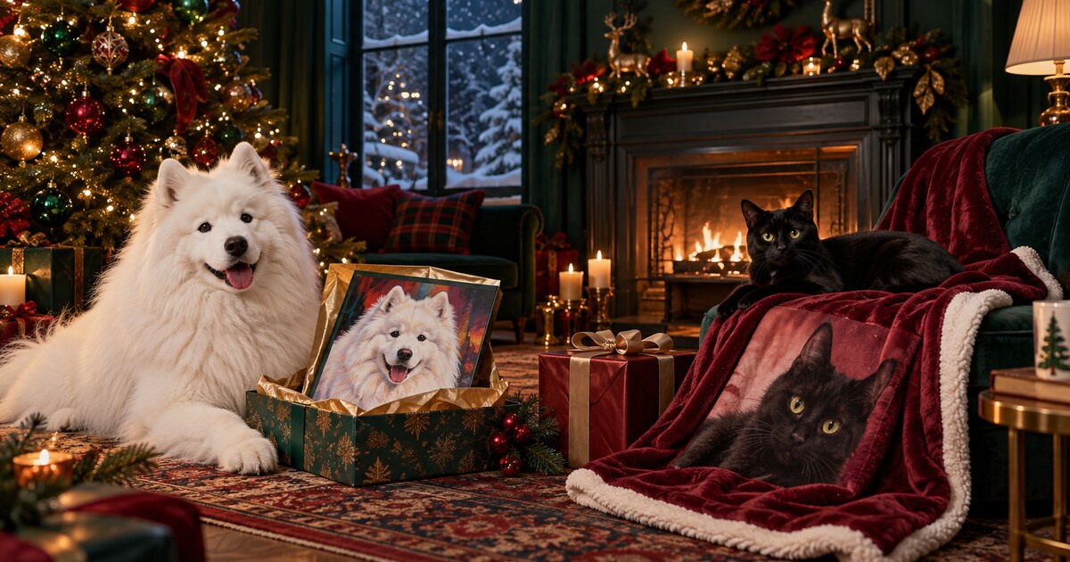Samoyed and black cat with personalized pet portrait and photo blanket in an elegant Christmas room