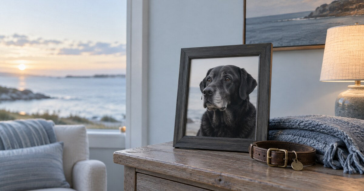 Black Labrador memorial portrait and personalized keepsake blanket in a peaceful remembrance setting
