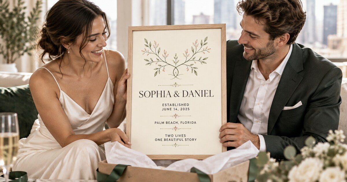 Editorial lifestyle scene for Best Personalized Wedding Gifts for Newlyweds featuring a personalized vertical framed canvas