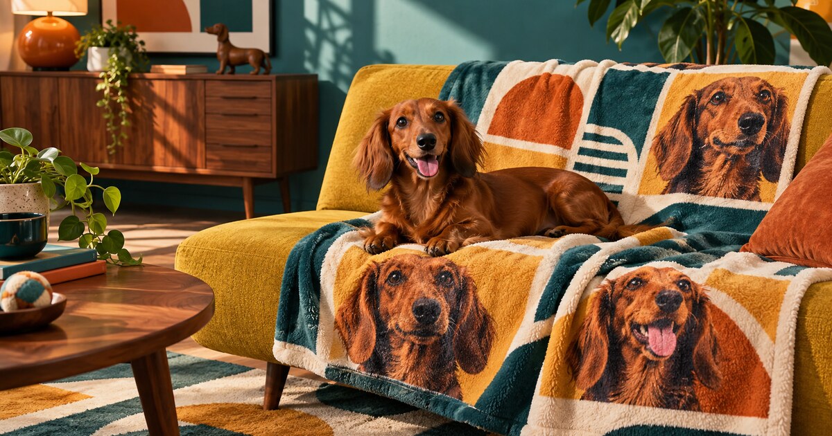 Red dachshund resting on a realistically sized personalized pet photo blanket in a colorful living room