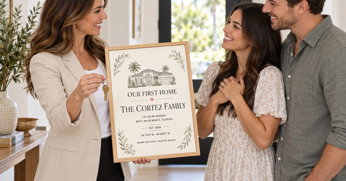Editorial lifestyle scene for Unique Realtor Closing Gifts for Buyers featuring a personalized vertical framed canvas