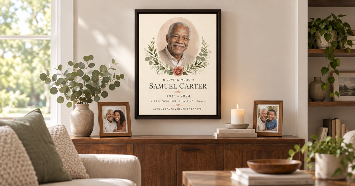 Panoramic home memorial display with a personalized canvas honoring Samuel Carter