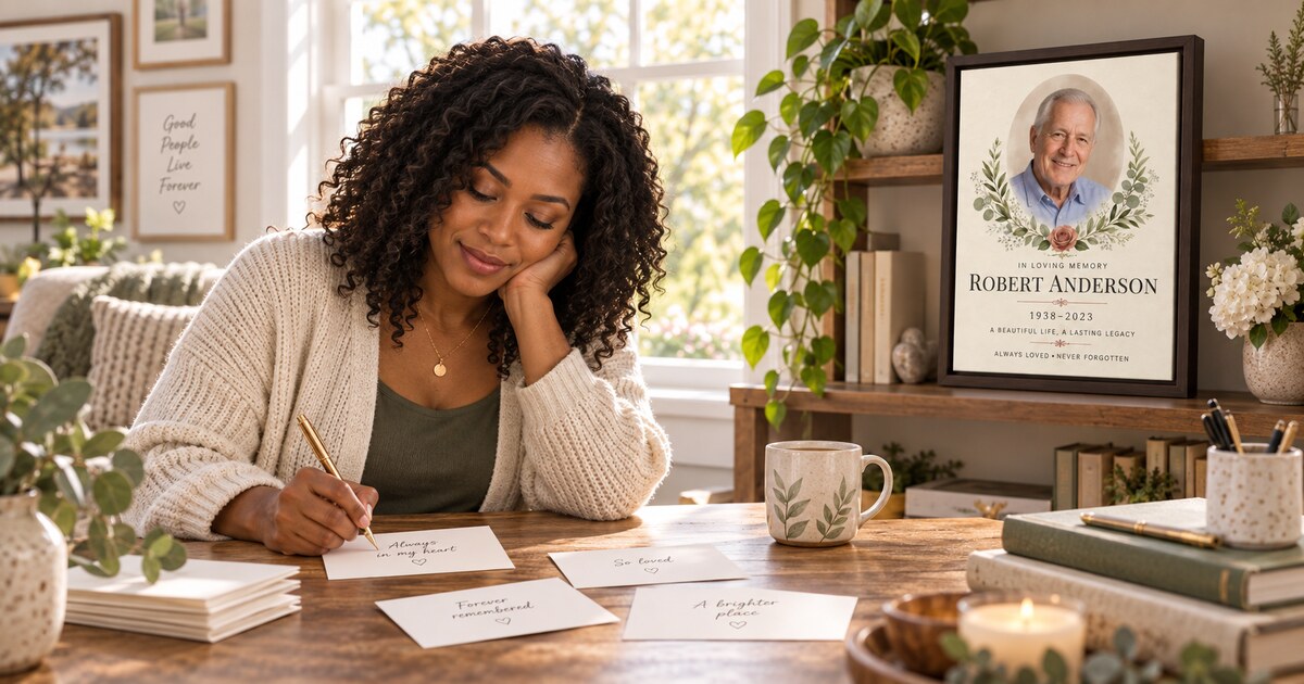 Woman writing remembrance messages beside a personalized memorial canvas honoring Robert Anderson