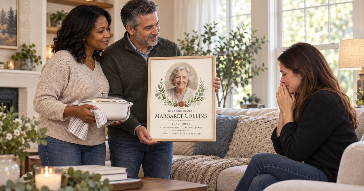 Friends presenting a personalized memorial canvas and meal to a grieving family member