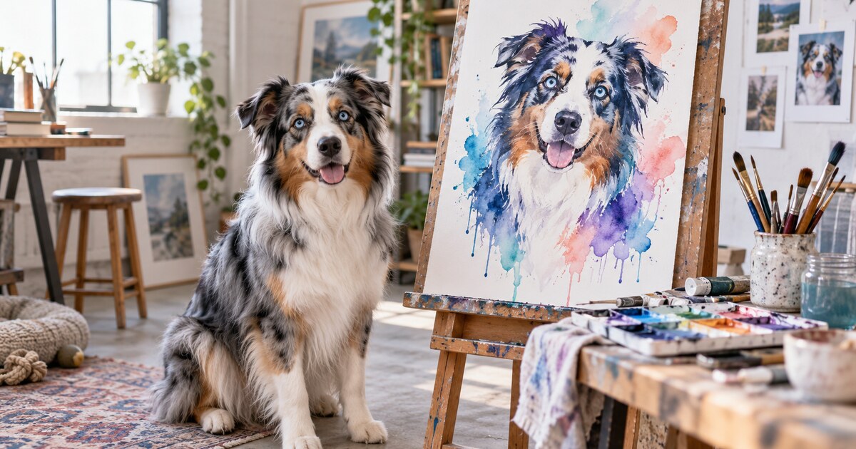 Blue merle Australian Shepherd beside a vertical custom watercolor pet portrait canvas