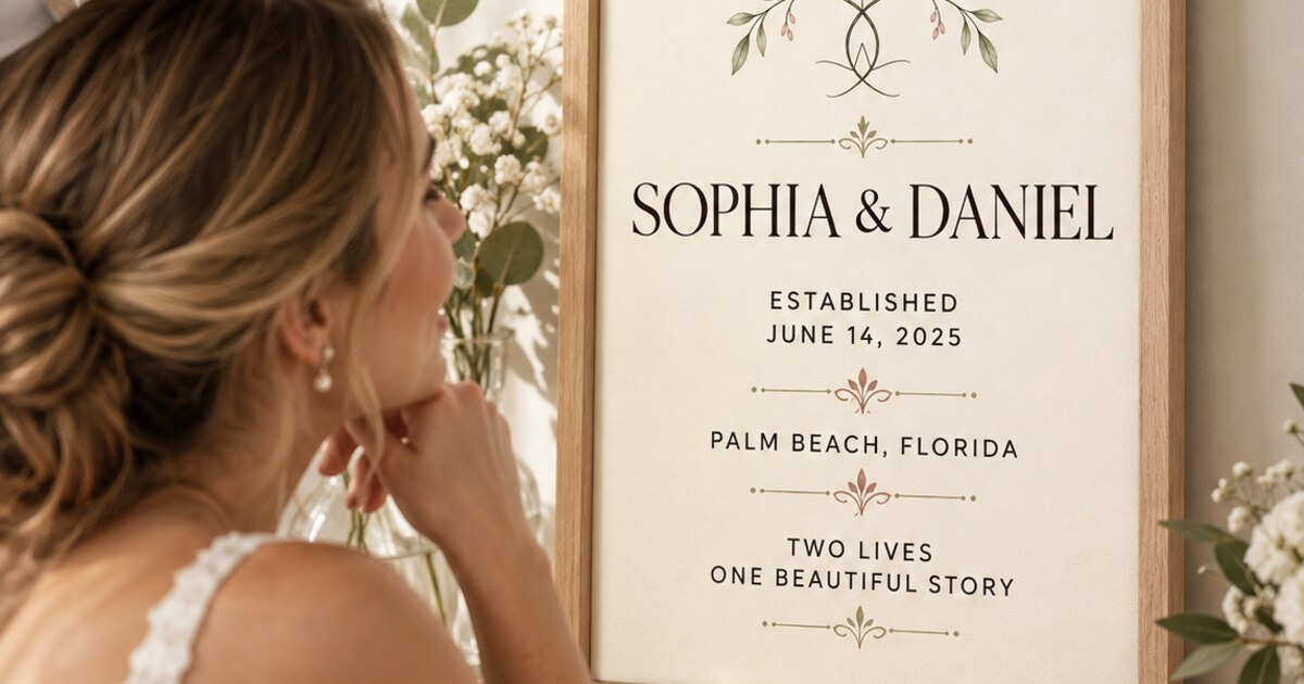 Editorial lifestyle scene for Meaningful Wedding Gifts Using Names, Dates and Locations featuring a personalized vertical framed canvas