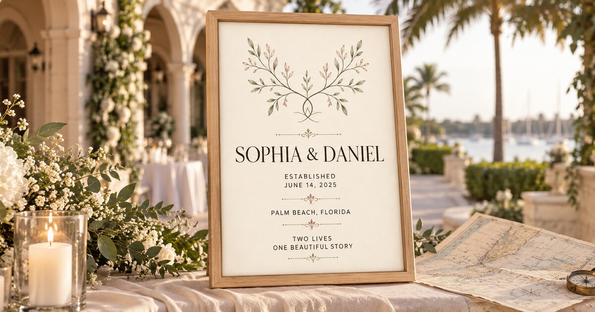 Editorial lifestyle scene for Wedding Location Keepsake Ideas featuring a personalized vertical framed canvas