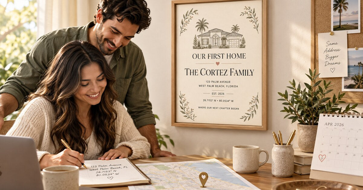 Editorial lifestyle scene for What to Include on a First Home Coordinates Canvas featuring a personalized vertical framed canvas