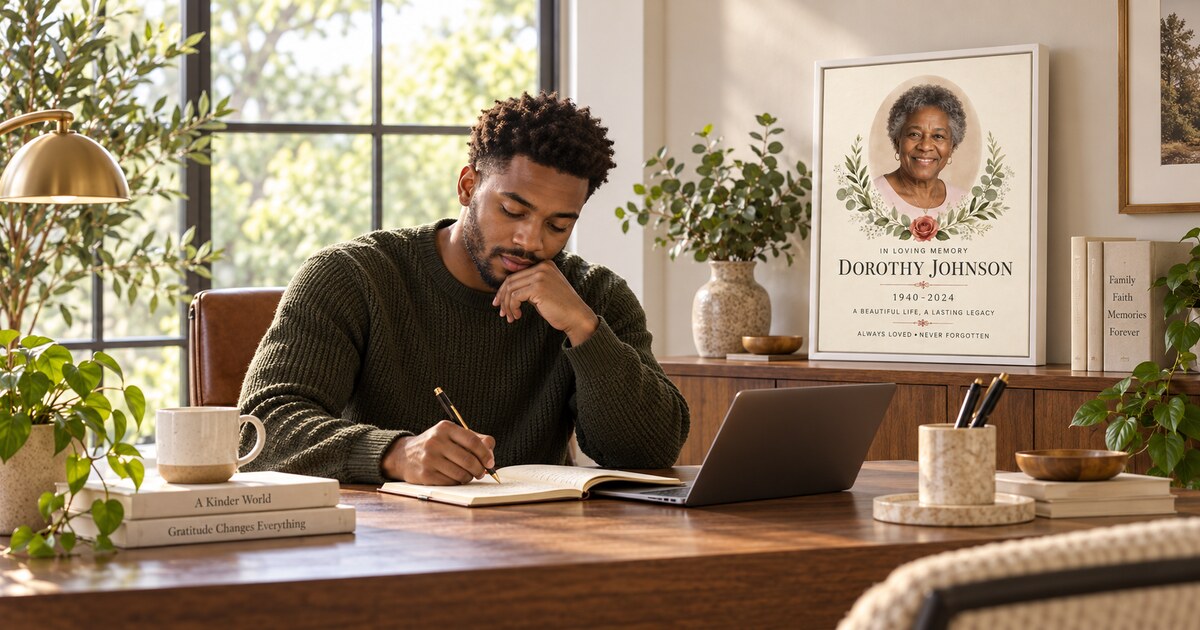 Man writing a remembrance message beside a personalized memorial canvas honoring Dorothy Johnson