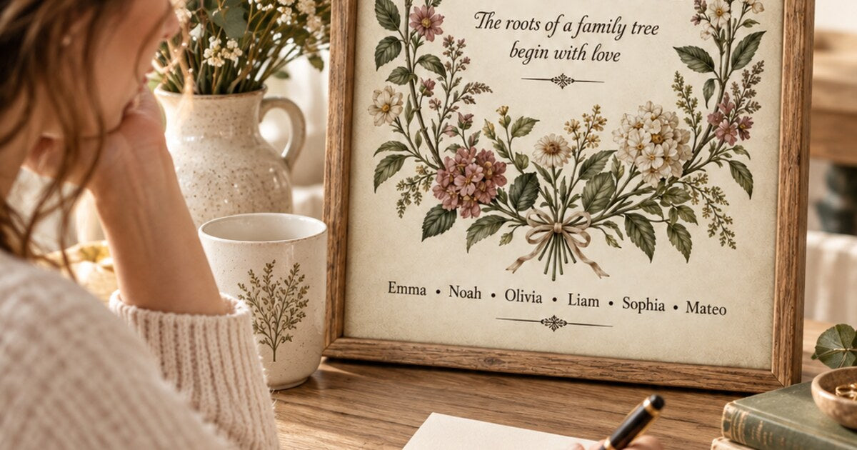 Writing a personal message beside a vertical Grandma botanical canvas