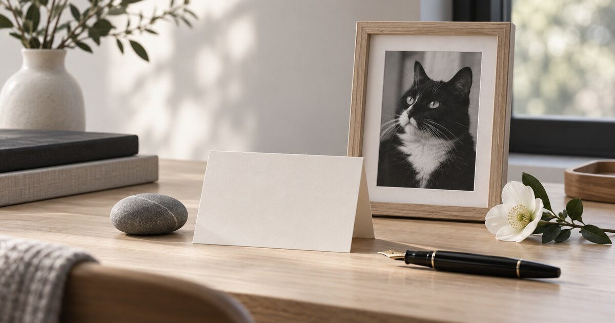 Minimalist tuxedo cat memorial portrait with blank card and fountain pen