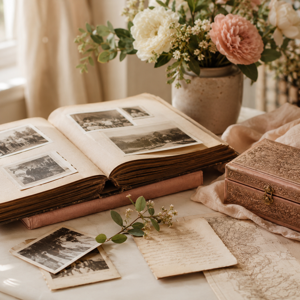 Family album and heirloom keepsakes representing heritage and shared stories