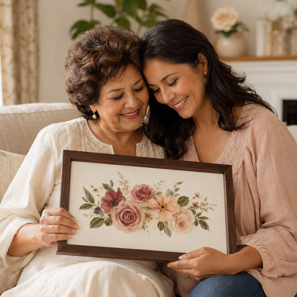 Mother and grandmother sharing a meaningful framed floral keepsake