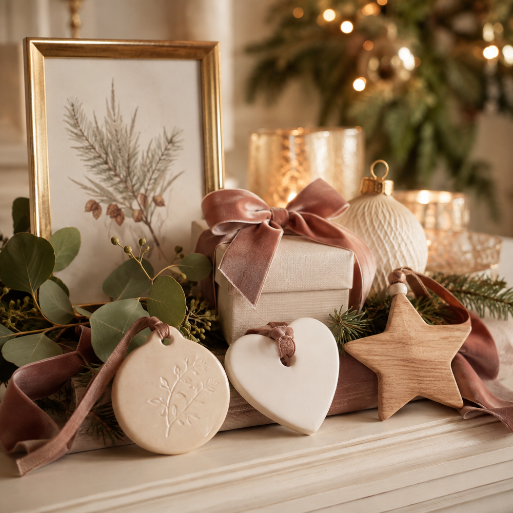 Elegant holiday ornaments gift box and family keepsakes