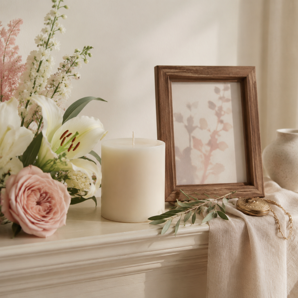 Serene candle flowers and keepsake frame for remembrance gifts