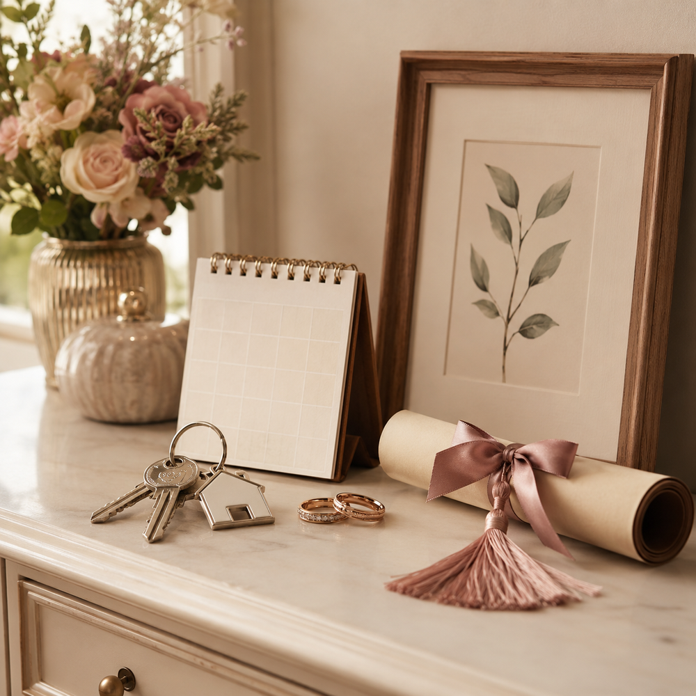 Elegant keepsakes representing weddings graduations and new homes