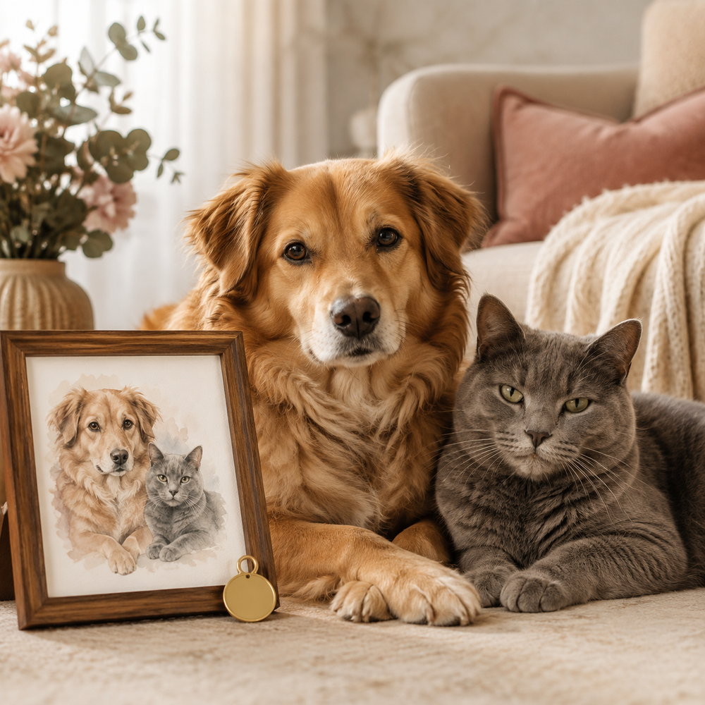 Dog and cat with a personalized pet portrait keepsake