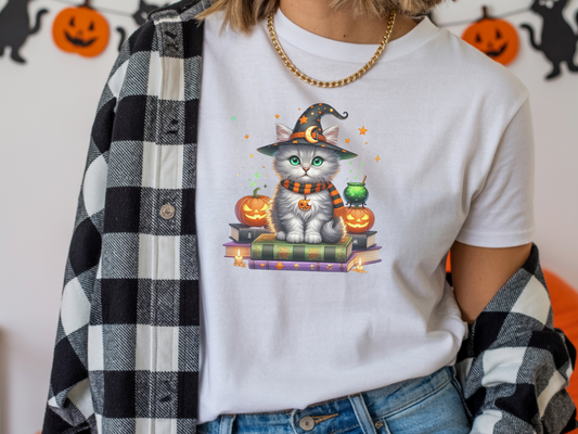 Cute Ghost Cat Halloween Shirt | Spooky Black Cat Tee for Women & Adults | Fall Graphic T-Shirt