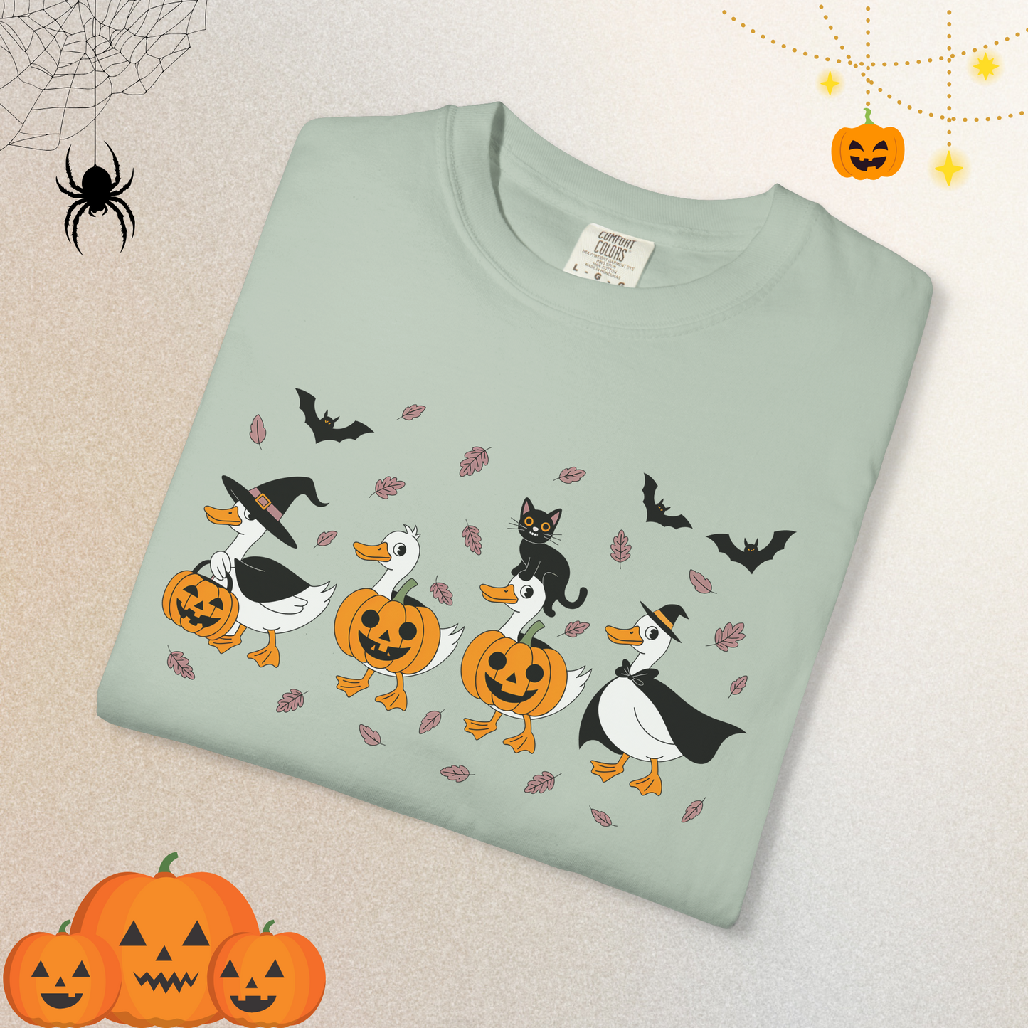 Halloween Ghost Cat and Ducks Shirt | Cute Spooky Season Cat T-Shirt for Women & Adults