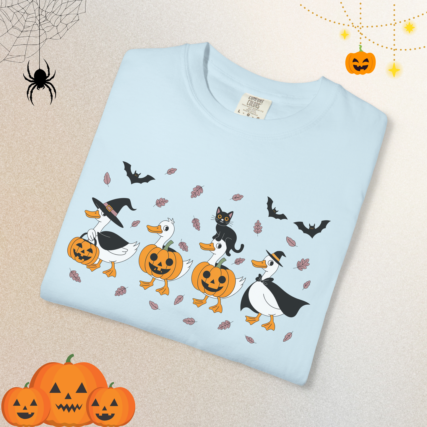 Halloween Ghost Cat and Ducks Shirt | Cute Spooky Season Cat T-Shirt for Women & Adults