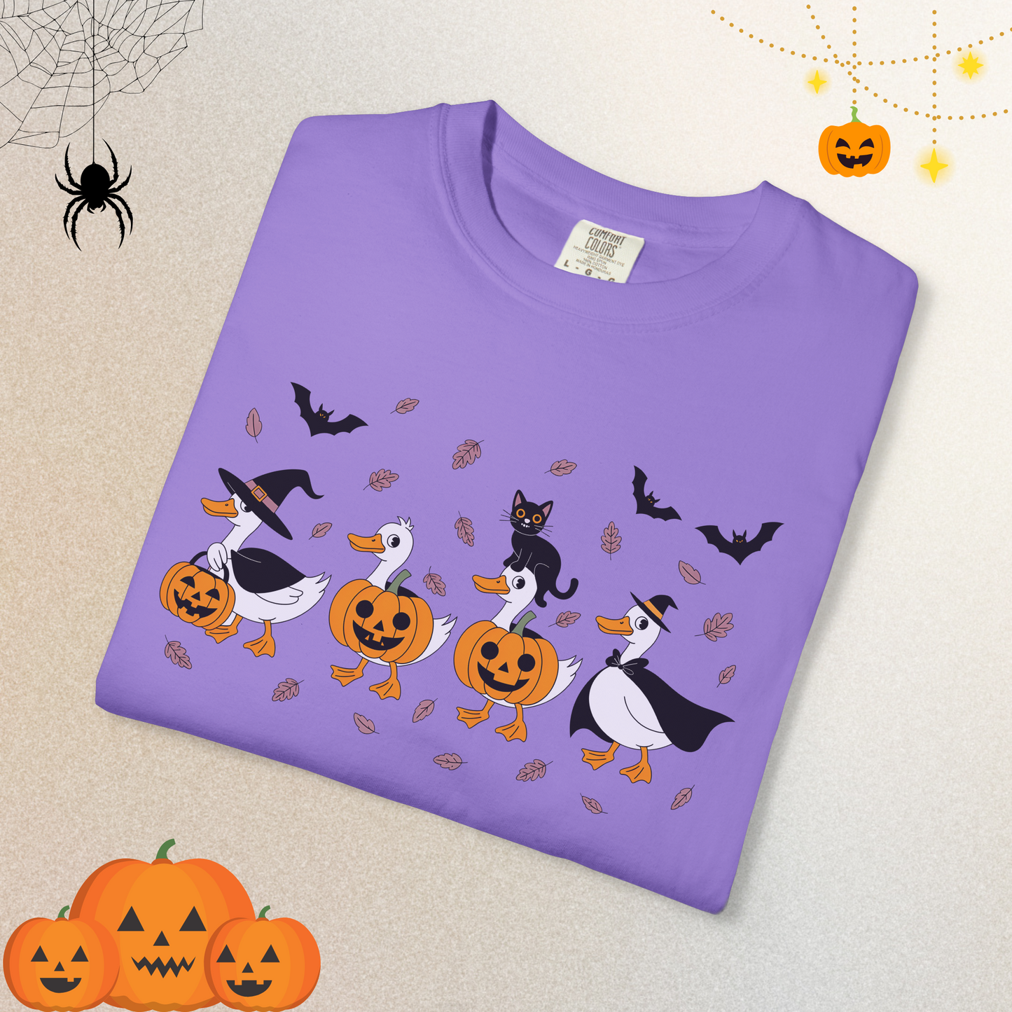 Halloween Ghost Cat and Ducks Shirt | Cute Spooky Season Cat T-Shirt for Women & Adults