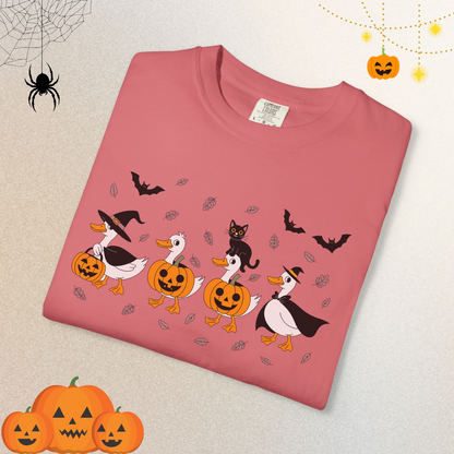 Halloween Ghost Cat and Ducks Shirt | Cute Spooky Season Cat T-Shirt for Women & Adults