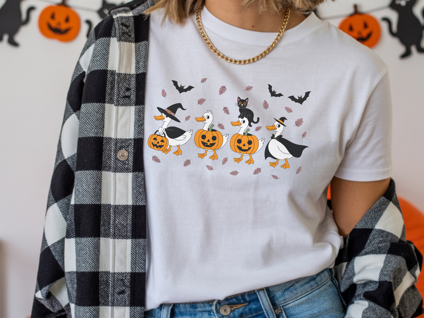 Halloween Ghost Cat and Ducks Shirt | Cute Spooky Season Cat T-Shirt for Women & Adults