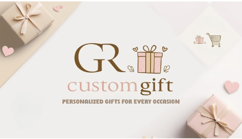 Logo and branding elements for 'GR custom gift' on a white background with gift boxes and hearts.