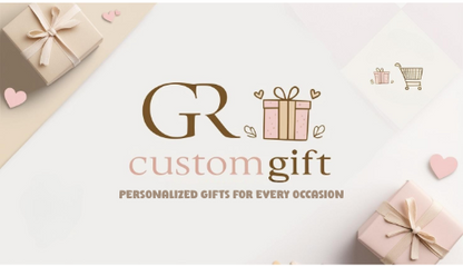 Logo and branding elements for 'GR custom gift' on a white background with gift boxes and hearts.