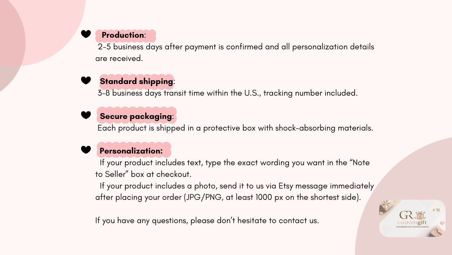 Product information text on a white background with pink accents