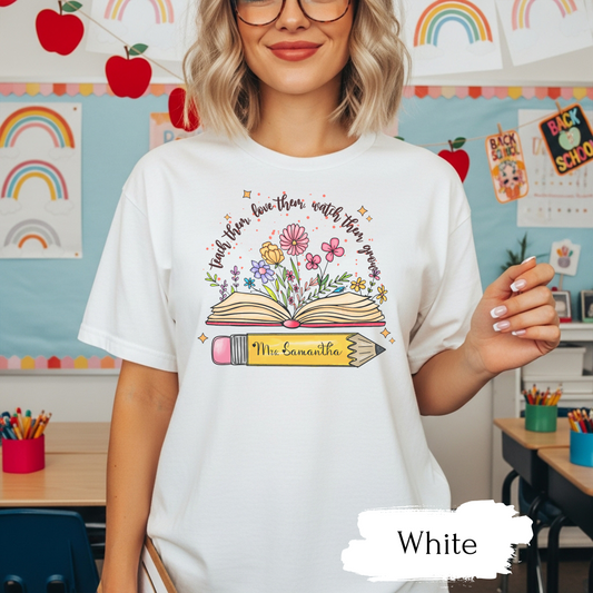Custom Teacher T-Shirts, Personalized Kindergarten Preschool Teacher Shirt, Cute Floral Back to School ,Comfort Colors Name T-Shirt Gift