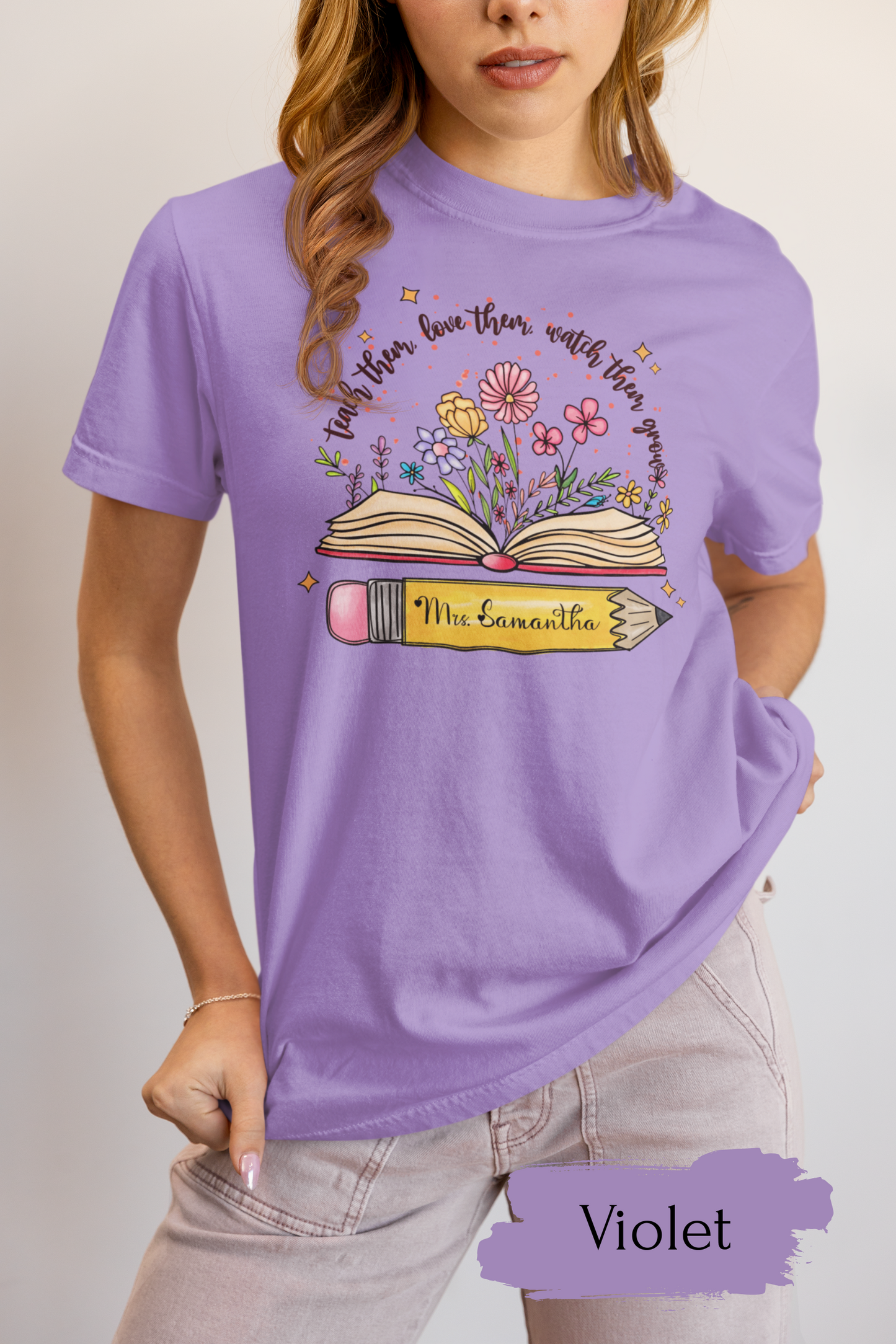 Custom Teacher T-Shirts, Personalized Kindergarten Preschool Teacher Shirt, Cute Floral Back to School ,Comfort Colors Name T-Shirt Gift