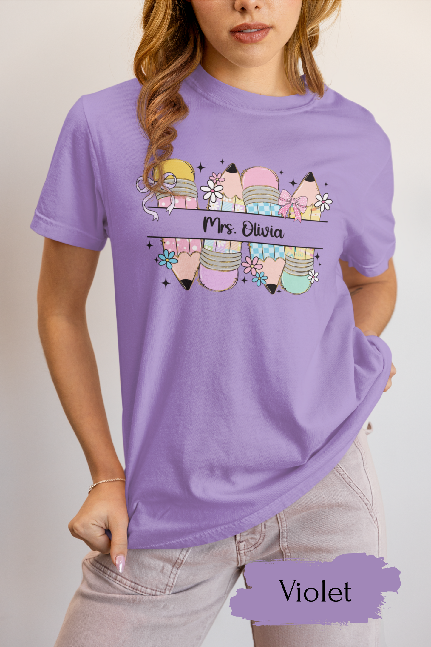 Personalized Teacher Shirt, Custom Name T-Shirt for Kindergarten Preschool, Cute Floral Teacher T-Shirts Comfort Colors Back to School Gift