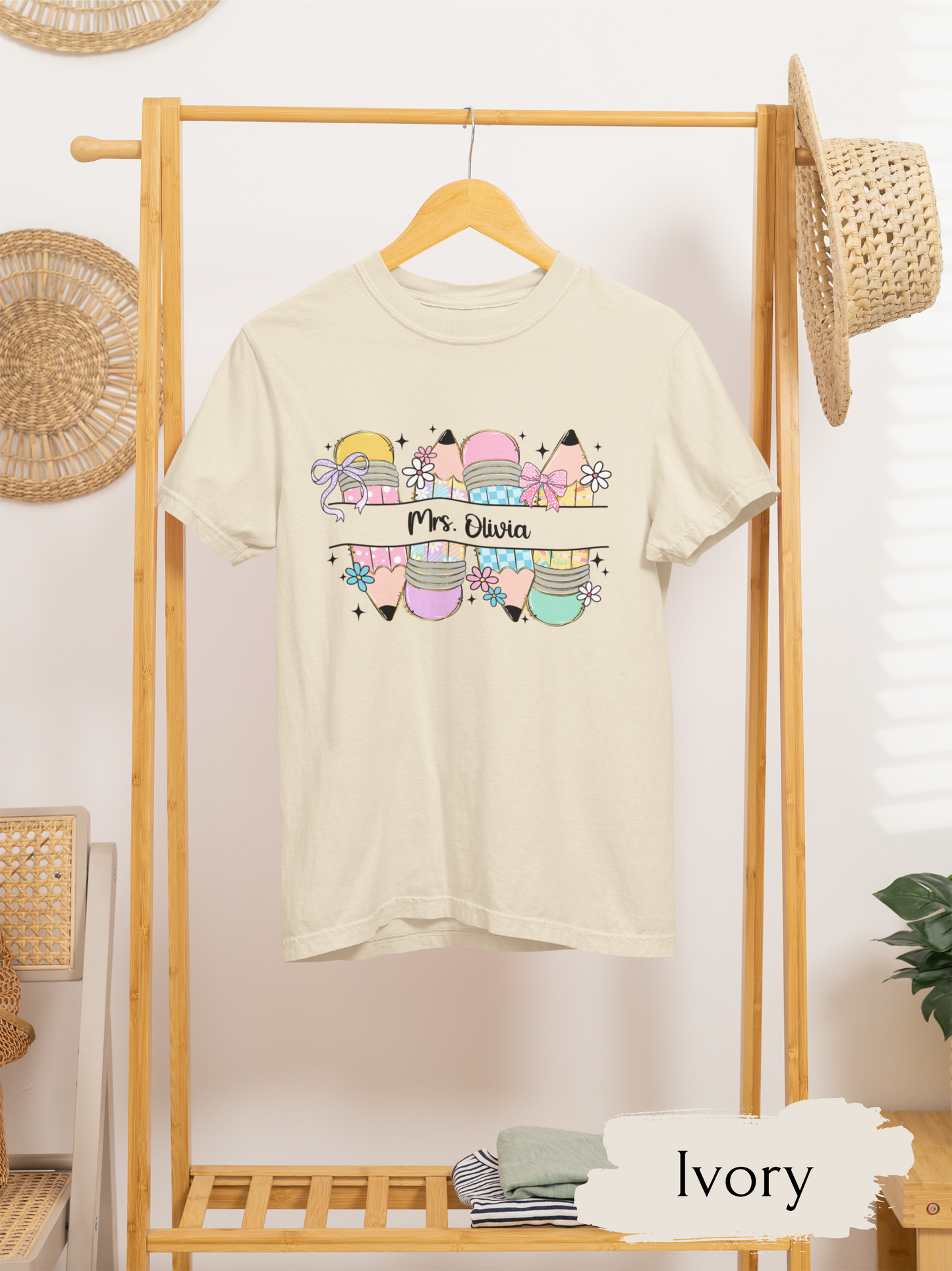 Personalized Teacher Shirt, Custom Name T-Shirt for Kindergarten Preschool, Cute Floral Teacher T-Shirts Comfort Colors Back to School Gift
