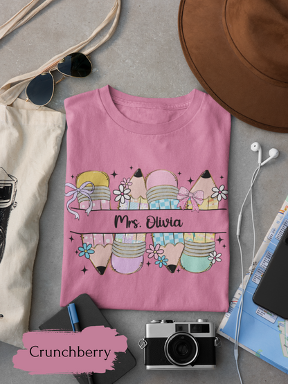 Personalized Teacher Shirt, Custom Name T-Shirt for Kindergarten Preschool, Cute Floral Teacher T-Shirts Comfort Colors Back to School Gift