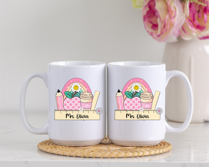Custom Teacher Coffee Mug, Personalised Rainbow Pencil Coffee Cup, Custom Name Appreciation Gift, Back to School, Ceramic Mug For Educator