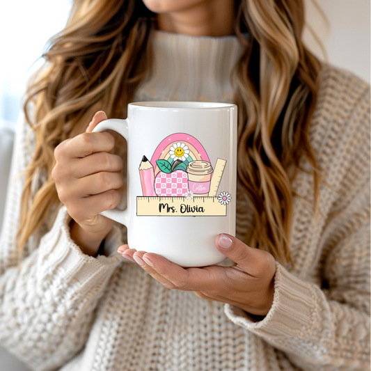 Custom Teacher Coffee Mug, Personalised Rainbow Pencil Coffee Cup, Custom Name Appreciation Gift, Back to School, Ceramic Mug For Educator