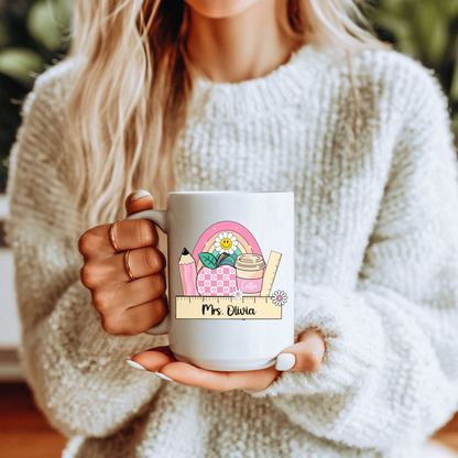 Custom Teacher Coffee Mug, Personalised Rainbow Pencil Coffee Cup, Custom Name Appreciation Gift, Back to School, Ceramic Mug For Educator