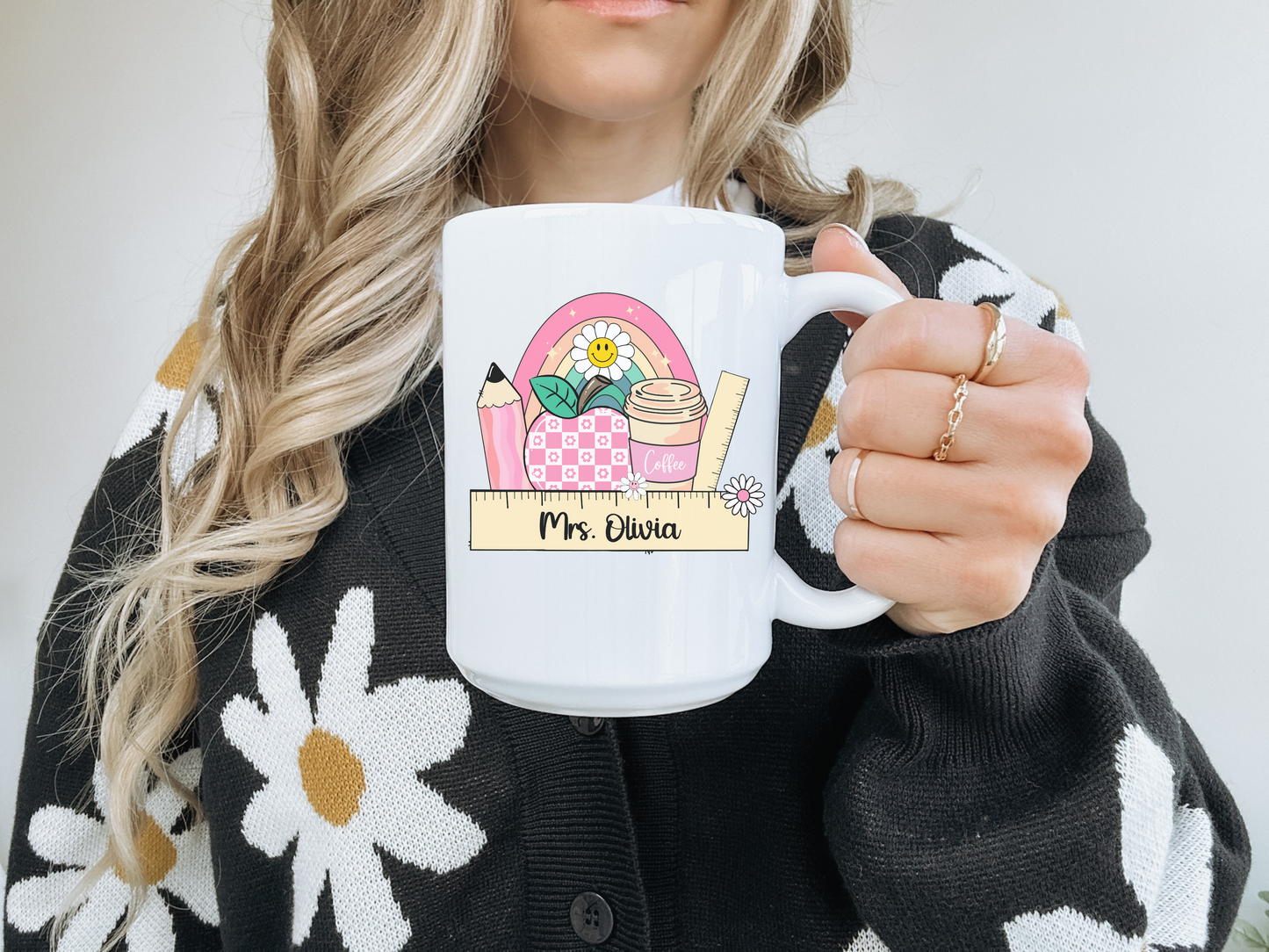 Custom Teacher Coffee Mug, Personalised Rainbow Pencil Coffee Cup, Custom Name Appreciation Gift, Back to School, Ceramic Mug For Educator